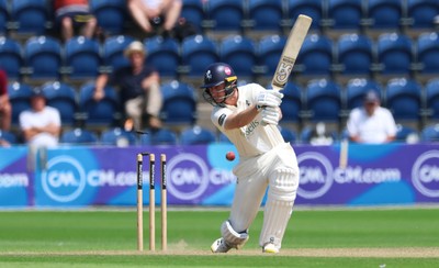 240725  Glamorgan v Kent, Rothesay County Championship Division 2, Day 3 - Chris Benjamin of Kent is bowled out by James Harris of Glamorgan
