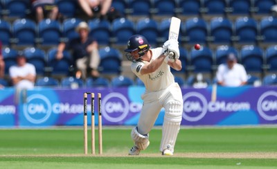 240725  Glamorgan v Kent, Rothesay County Championship Division 2, Day 3 - Chris Benjamin of Kent is bowled out by James Harris of Glamorgan