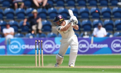 240725  Glamorgan v Kent, Rothesay County Championship Division 2, Day 3 - Chris Benjamin of Kent is bowled out by James Harris of Glamorgan