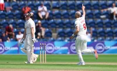 240725  Glamorgan v Kent, Rothesay County Championship Division 2, Day 3 - James Harris of Glamorgan celebrates as he takes the wicket of Chris Benjamin of Kent