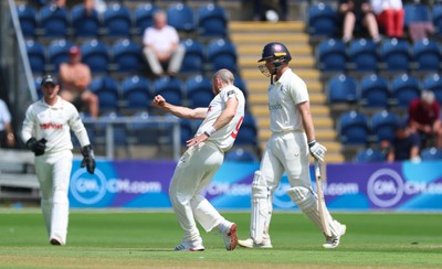 240725  Glamorgan v Kent, Rothesay County Championship Division 2, Day 3 - James Harris of Glamorgan celebrates as he takes the wicket of Chris Benjamin of Kent