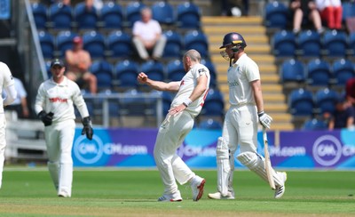 240725  Glamorgan v Kent, Rothesay County Championship Division 2, Day 3 - James Harris of Glamorgan celebrates as he takes the wicket of Chris Benjamin of Kent