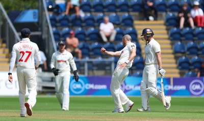 240725  Glamorgan v Kent, Rothesay County Championship Division 2, Day 3 - James Harris of Glamorgan celebrates as he takes the wicket of Chris Benjamin of Kent