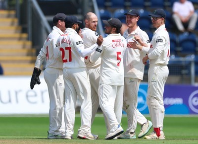 240725  Glamorgan v Kent, Rothesay County Championship Division 2, Day 3 - James Harris of Glamorgan celebrates as he takes the wicket of Chris Benjamin of Kent