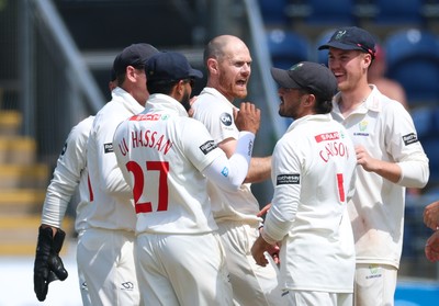 240725  Glamorgan v Kent, Rothesay County Championship Division 2, Day 3 - James Harris of Glamorgan celebrates as he takes the wicket of Chris Benjamin of Kent