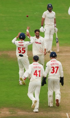 240725  Glamorgan v Kent, Rothesay County Championship Division 2, Day 3 - Kiran Carlson of Glamorgan is congratulated after he catches Harry Finch of Kent off his own bowling