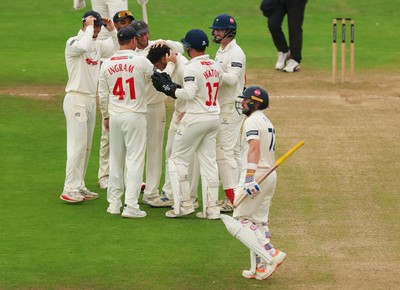 240725  Glamorgan v Kent, Rothesay County Championship Division 2, Day 3 - Kiran Carlson of Glamorgan is congratulated after he catches Harry Finch of Kent off his own bowling