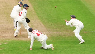 240725  Glamorgan v Kent, Rothesay County Championship Division 2, Day 3 - Billy Root of Glamorgan catches Matt Quinn of Kent off the bowling of Kiran Carlson of Glamorgan