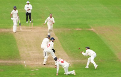 240725  Glamorgan v Kent, Rothesay County Championship Division 2, Day 3 - Billy Root of Glamorgan catches Matt Quinn of Kent off the bowling of Kiran Carlson of Glamorgan