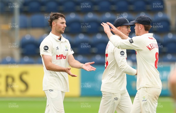 240725  Glamorgan v Kent, Rothesay County Championship Division 2, Day 3 - Ned Leonard of Glamorgan celebrates as he takes the wicket of Daniel Bell-Drummond of Kent