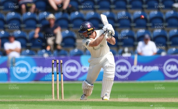 240725  Glamorgan v Kent, Rothesay County Championship Division 2, Day 3 - Chris Benjamin of Kent is bowled out by James Harris of Glamorgan