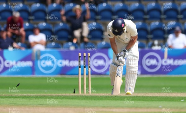240725  Glamorgan v Kent, Rothesay County Championship Division 2, Day 3 - Chris Benjamin of Kent is bowled out by James Harris of Glamorgan