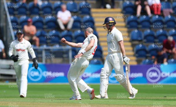 240725  Glamorgan v Kent, Rothesay County Championship Division 2, Day 3 - James Harris of Glamorgan celebrates as he takes the wicket of Chris Benjamin of Kent