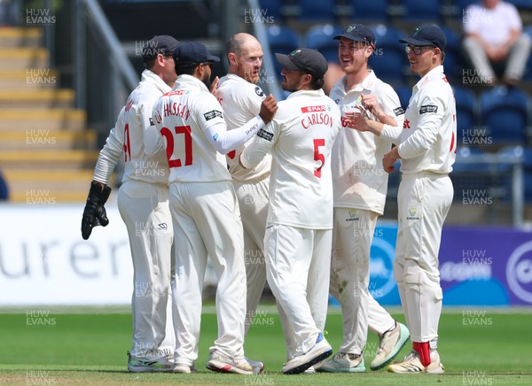 240725  Glamorgan v Kent, Rothesay County Championship Division 2, Day 3 - James Harris of Glamorgan celebrates as he takes the wicket of Chris Benjamin of Kent