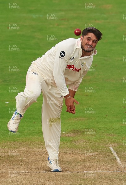 240725  Glamorgan v Kent, Rothesay County Championship Division 2, Day 3 - Kiran Carlson of Glamorgan bowls