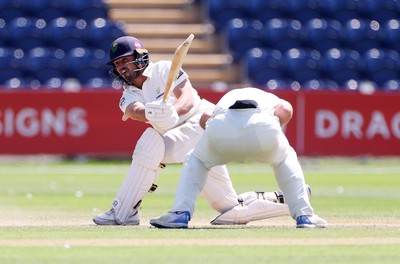 250725 - Glamorgan v Kent - Rothesay County Championship Division 2 - Kiran Carlson of Glamorgan hits the match winning runs
