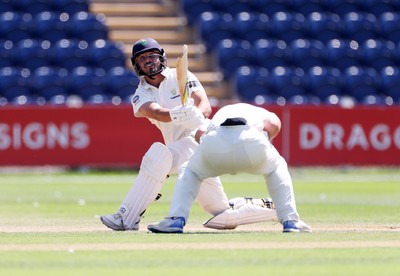 250725 - Glamorgan v Kent - Rothesay County Championship Division 2 - Kiran Carlson of Glamorgan hits the match winning runs