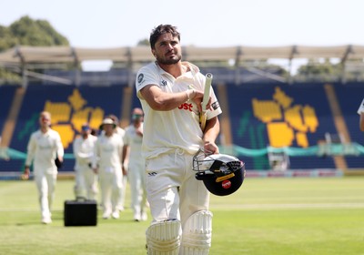250725 - Glamorgan v Kent - Rothesay County Championship Division 2 - Kiran Carlson of Glamorgan celebrates at the end of the match