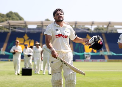250725 - Glamorgan v Kent - Rothesay County Championship Division 2 - Kiran Carlson of Glamorgan celebrates at the end of the match