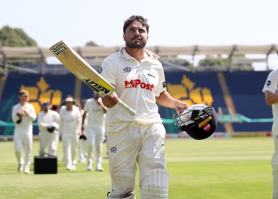 250725 - Glamorgan v Kent - Rothesay County Championship Division 2 - Kiran Carlson of Glamorgan celebrates at the end of the match