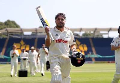 250725 - Glamorgan v Kent - Rothesay County Championship Division 2 - Kiran Carlson of Glamorgan celebrates at the end of the match