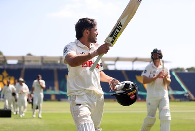250725 - Glamorgan v Kent - Rothesay County Championship Division 2 - Kiran Carlson of Glamorgan celebrates at the end of the match