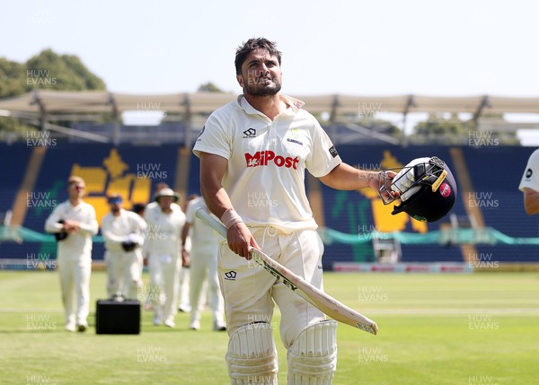 250725 - Glamorgan v Kent - Rothesay County Championship Division 2 - Kiran Carlson of Glamorgan celebrates at the end of the match