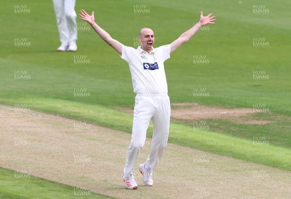 030621 - Glamorgan v Lancashire - LV= County Championship - James Weighell of Glamorgan celebrates after bowling out Luke Wells for LBW