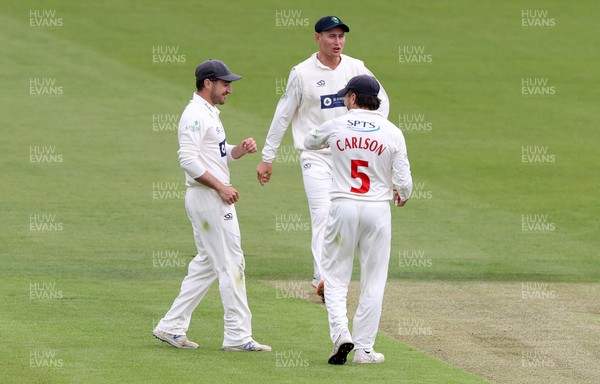 030621 - Glamorgan v Lancashire - LV= County Championship - Andrew Salter of Glamorgan celebrates with team mates after catching out Alex Davies