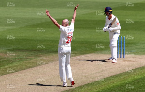 040621 - Glamorgan v Lancashire - LV= County Championship - James Weighell of Glamorgan successfully appeals the wicket of Keaton Jennings