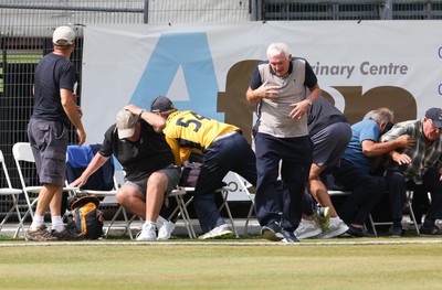 170822 - Glamorgan v Lancashire, Royal London One Day Cup - Tom Cullen of Glamorgan crashes into spectators as he attempts to catch a ball heading for a six