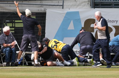 170822 - Glamorgan v Lancashire, Royal London One Day Cup - Tom Cullen of Glamorgan crashes into spectators as he attempts to catch a ball heading for a six