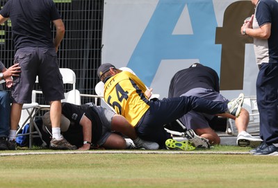 170822 - Glamorgan v Lancashire, Royal London One Day Cup - Tom Cullen of Glamorgan crashes into spectators as he attempts to catch a ball heading for a six