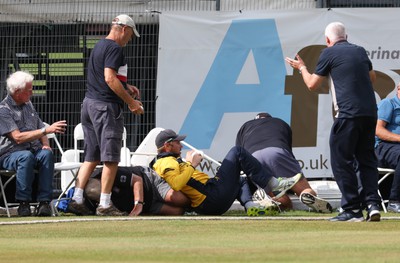 170822 - Glamorgan v Lancashire, Royal London One Day Cup - Tom Cullen of Glamorgan crashes into spectators as he attempts to catch a ball heading for a six