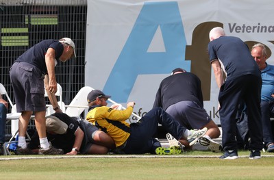 170822 - Glamorgan v Lancashire, Royal London One Day Cup - Tom Cullen of Glamorgan crashes into spectators as he attempts to catch a ball heading for a six