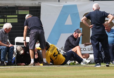 170822 - Glamorgan v Lancashire, Royal London One Day Cup - Tom Cullen of Glamorgan crashes into spectators as he attempts to catch a ball heading for a six