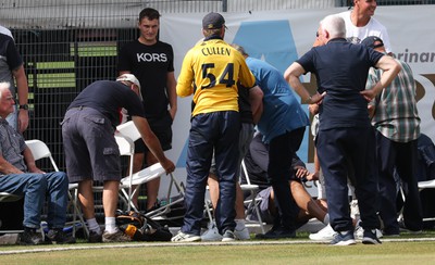 170822 - Glamorgan v Lancashire, Royal London One Day Cup - Tom Cullen of Glamorgan crashes into spectators as he attempts to catch a ball heading for a six