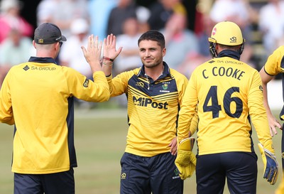 170822 - Glamorgan v Lancashire, Royal London One Day Cup - Kiran Carlson of Glamorgan celebrates taking Luke Wells lbw