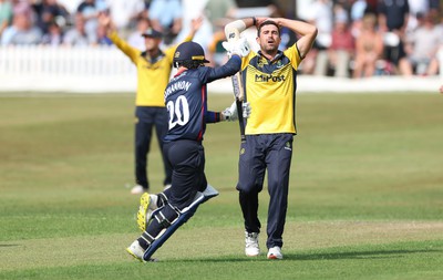 170822 - Glamorgan v Lancashire, Royal London One Day Cup - Ruaidhri Smith of Glamorgan  reacts after bowling