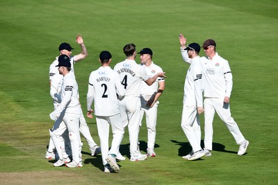 240925 - Glamorgan v Lancashire - Rothesay County Championship - Asa Tribe of Glamorgan is caught out by Matty Hurst of Lancashire from the bowling of Jack Blatherwick of Lancashire