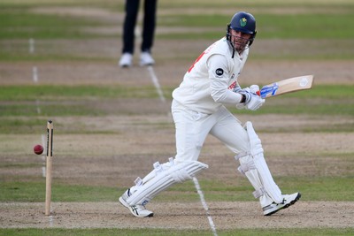 240925 - Glamorgan v Lancashire - Rothesay County Championship - Timm Van Der Gugten of Glamorgan hits 50