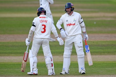 240925 - Glamorgan v Lancashire - Rothesay County Championship - Timm Van Der Gugten of Glamorgan hits 50