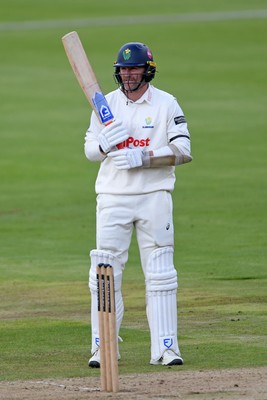 240925 - Glamorgan v Lancashire - Rothesay County Championship - Timm Van Der Gugten of Glamorgan hits 50