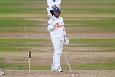 240925 - Glamorgan v Lancashire - Rothesay County Championship - Timm Van Der Gugten of Glamorgan hits 50