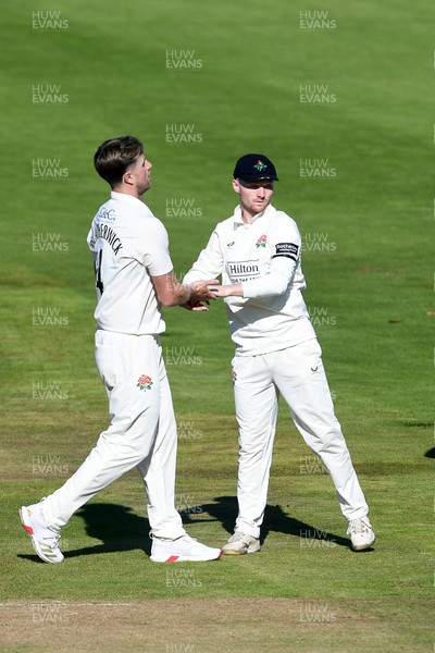 240925 - Glamorgan v Lancashire - Rothesay County Championship - Asa Tribe of Glamorgan is caught out by Matty Hurst of Lancashire from the bowling of Jack Blatherwick of Lancashire