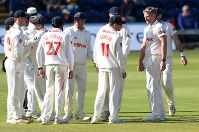 250925 - Glamorgan v Lancashire - Rothesay County Championship - Timm Van Der Gugten of Glamorgan celebrates with team mates after taking the wicket of Josh Bohannon of Lancashire