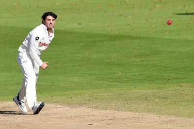 250925 - Glamorgan v Lancashire - Rothesay County Championship - Kiran Carlson of Glamorgan bowling