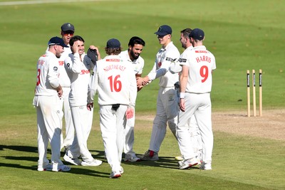 250925 - Glamorgan v Lancashire - Rothesay County Championship - Zain Ul Hassan of Glamorgan celebrates taking the wicket of Matty Hurst of Lancashire