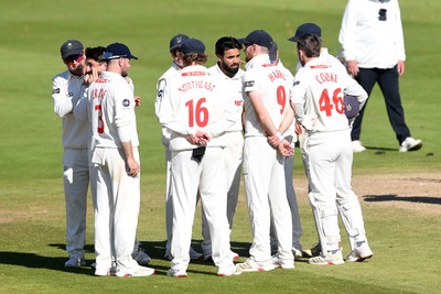 250925 - Glamorgan v Lancashire - Rothesay County Championship - Zain Ul Hassan of Glamorgan celebrates taking the wicket of Matty Hurst of Lancashire