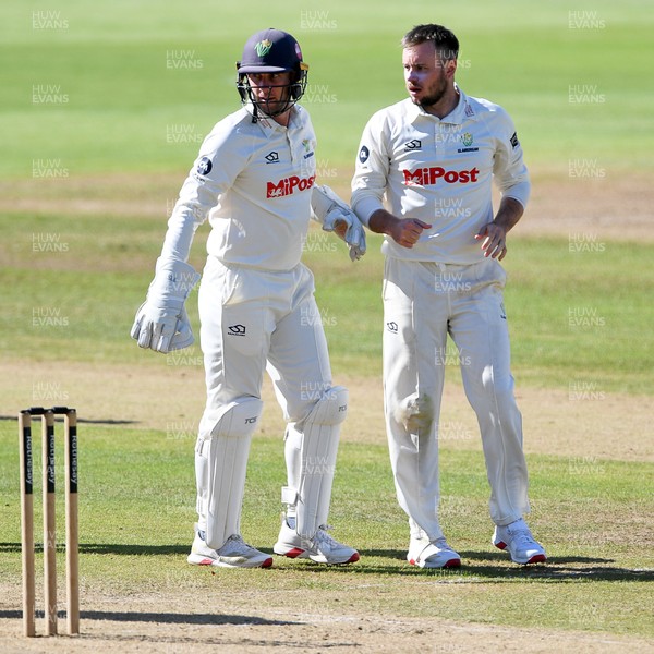 250925 - Glamorgan v Lancashire - Rothesay County Championship - Mason Crane of Glamorgan bowls the ball to dismiss Luke Wells of Lancashire who is LBW